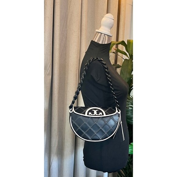 NEW WITH TAGS! Authentic Tory Burch Black and White 1/2 Moon Fleming Handbag - Picture 10 of 10